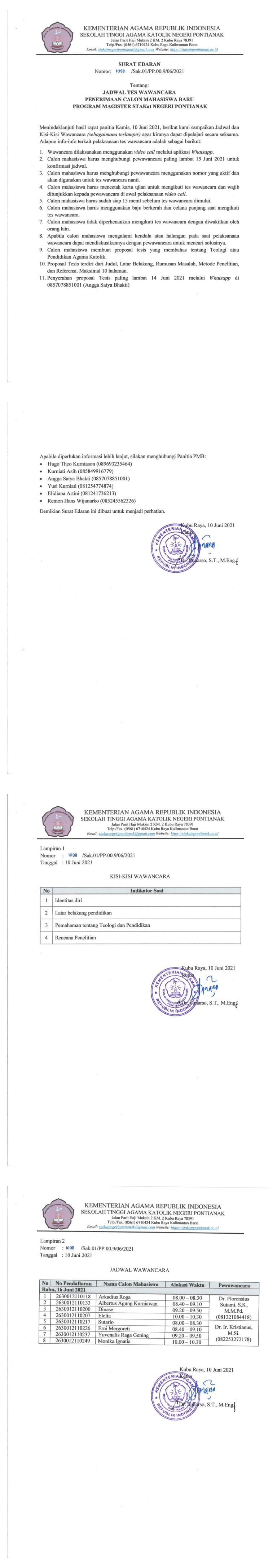 Jadwal Test Wawancara Penerimaan Calon Mahasiswa Baru Program Magister STAKat Negeri Pontianak